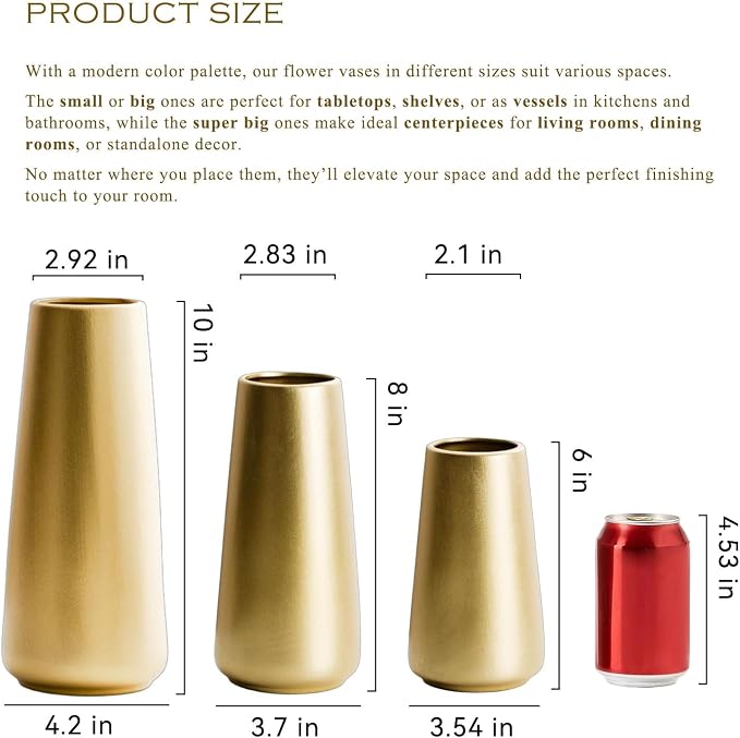 Simple Boho Ceramic Flower Vase for Home Decor (Light Gold,Small) | 6'' Modern Vase for Flower Plant Pampas Grass, Fit for Table Shelf Centerpieces, Living Room Kitchen Bedroom Wedding Gift