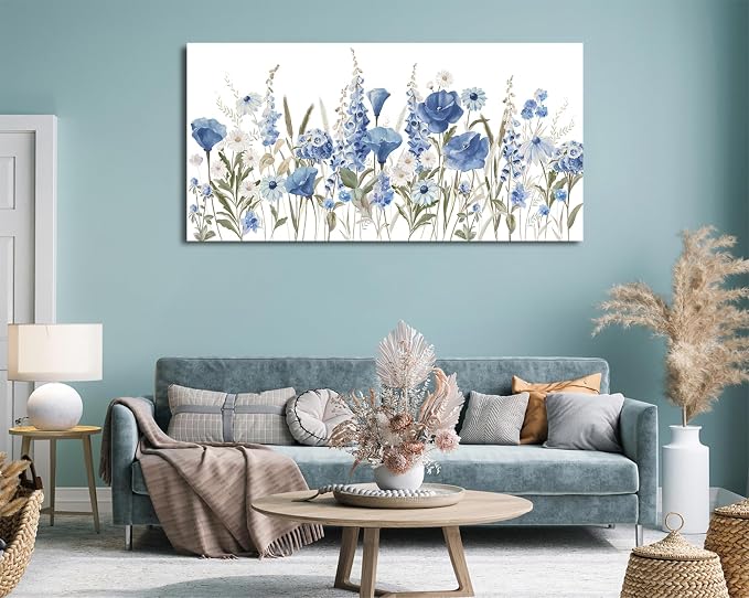 arteWOODS Elegant Flowers Wall Art - Blue White Botanical Pictures for Wall Decor Floral Blossom Canvas Painting Print Artwork for Living Room Bedroom Home Office Wall Decoration 29" x 58"