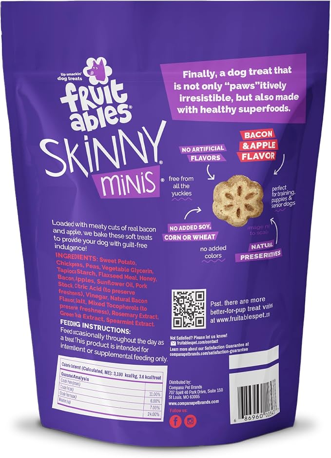 Fruitables Skinny Minis Soft & Chewy Dog Training Treats, Low Calorie Bacon & Apple Recipe, Bite-Sized Rewards for Puppies & Adult Dogs, No Wheat Corn or Soy, Made in USA, 20 oz