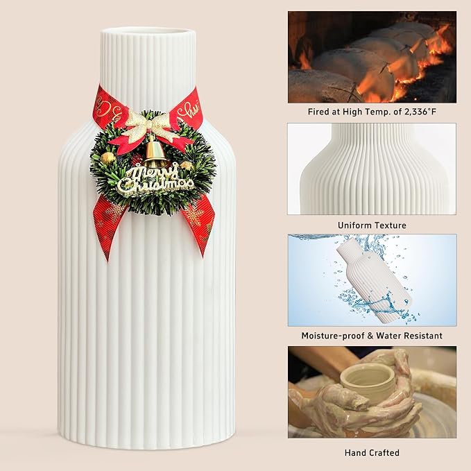 Pure White Ceramic Flower Vase for Christmas, Minimalist Modern Home Decor, Matte Finish Pampas Grass Vase for Table, Fireplace, Shelf, Mantel, Entryway and Centerpieces