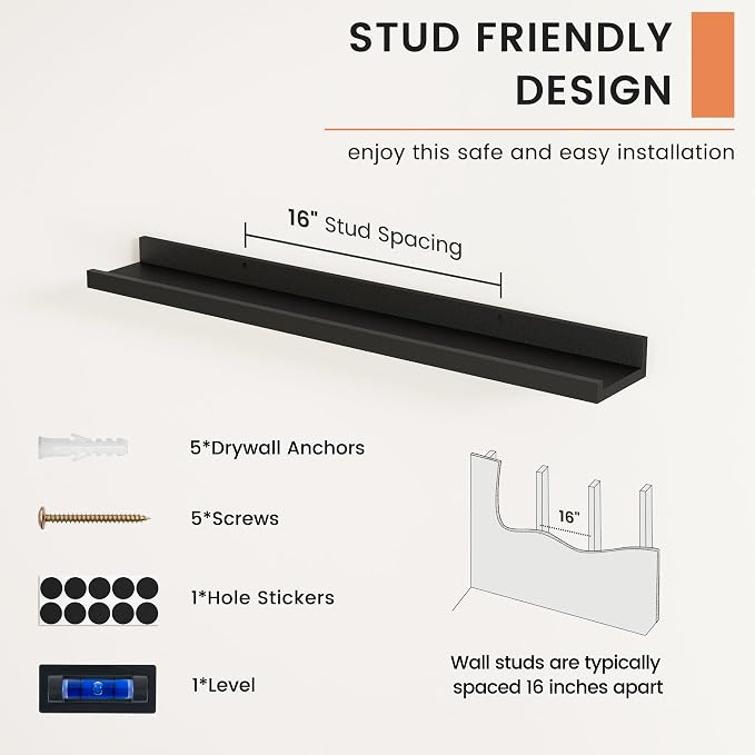 Picture Ledge Shelf, Floating Shelves for Wall, 32" W Set of 2, Black | FSC Certified Engineered Wood, Wall Mounted Bookshelf, for Nursery Living Room Bedroom, Pre-Drilled, Easy Install