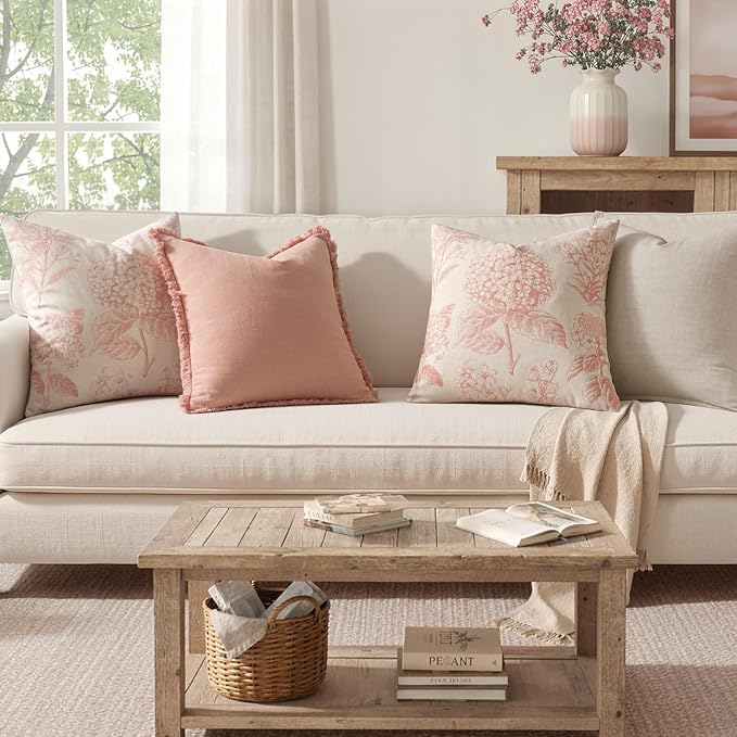 Set of 2 Decorative Floral Pillow Covers 20x20 Inch Light Pink | Neutral Hydrangea Print, Boho Vintage Throw Cushion Covers, Cottagecore Home Decor, for Sofa Couch Porch Bedroom Living Room