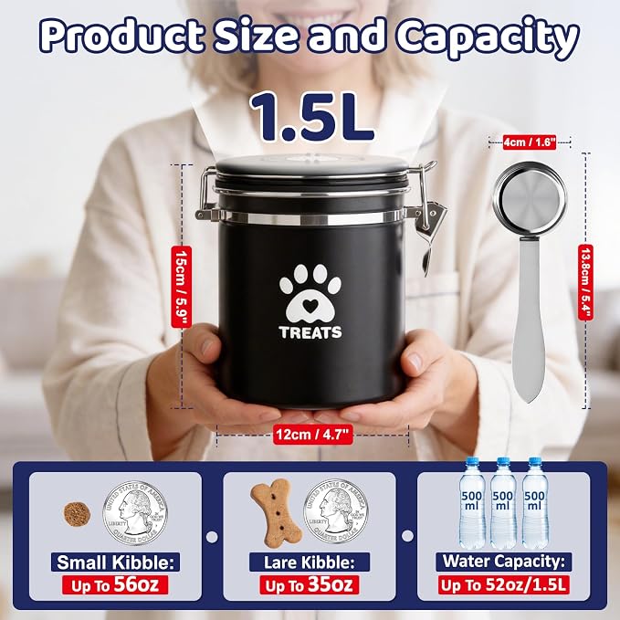 ENONCI Airtight Dog Treat Canister, 304 Stainless Steel Food Storage Jar with Date Dial Black-1.5L