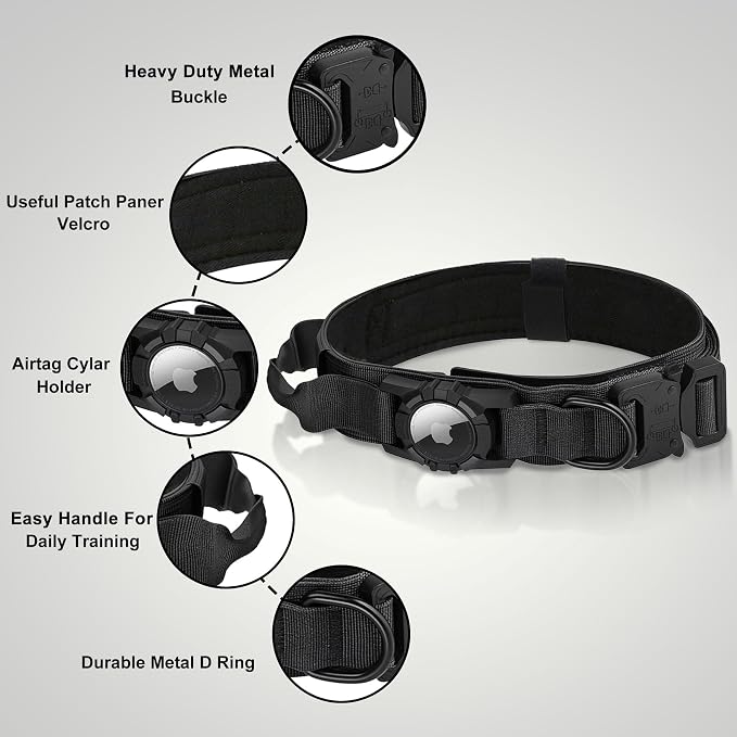 Tactical AirTag Dog Collar Leash Set - Heavy Duty, Adjustable GPS Collar