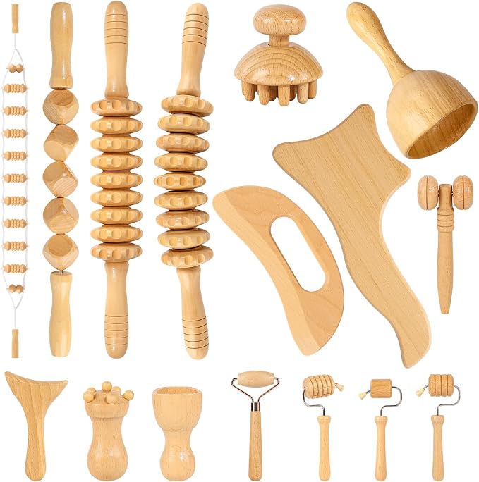 16Pcs Wood Therapy Massage Tools Set for Body Sculpting | Wooden Rollers, Gua Sha & Facial Rollers for Lymphatic Drainage, Home Spa Routines, Face, Neck, Waist, Abdomen, Hips and Legs