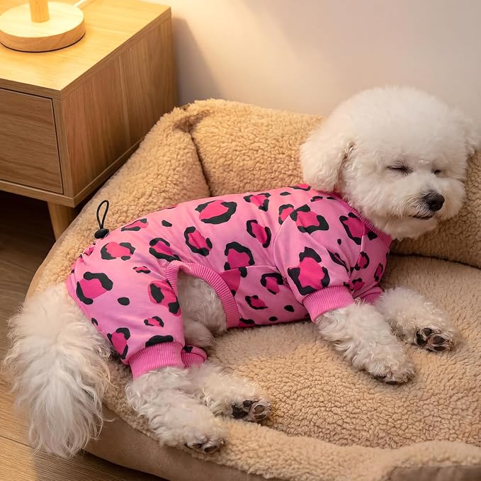 XPUDAC Leopard Dog Pajamas, Stretchy Girl Dog Clothes with Adjustable Drawstring, Soft Lightweight Pet Pjs Puppy Clothes Outfit for Small Medium Dogs, Pink, M