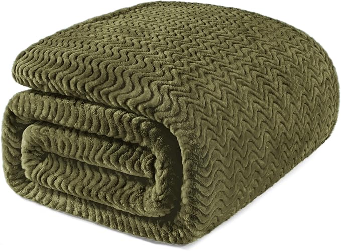 Exclusivo Mezcla Soft Fleece Blanket King Size for Bed, Sofa, Olive Green | 90"x104" Breathable Lightweight Flannel Blanket for Summer, Plush Cozy Jacquard Wave for Home Decor