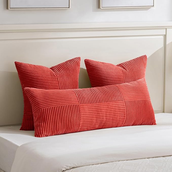 Fancy Homi Set of 1 Red Boho Long Lumbar Body Decorative Throw Pillow Cover 14x36 Inch for Bed Couch Bedroom Bench, Soft Patchwork Corduroy Textured Pillow Case, Rustic Farmhouse Room Decor