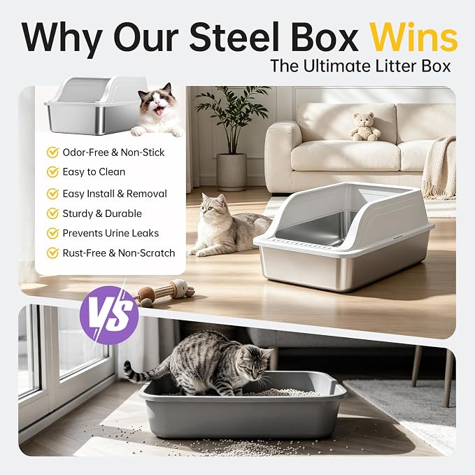 High-Sided Stainless Steel XL Cat Litter Box for Cats | High-sided design prevents urine leakage. Non-stick and easy to clean. Includes scoop (Gray)