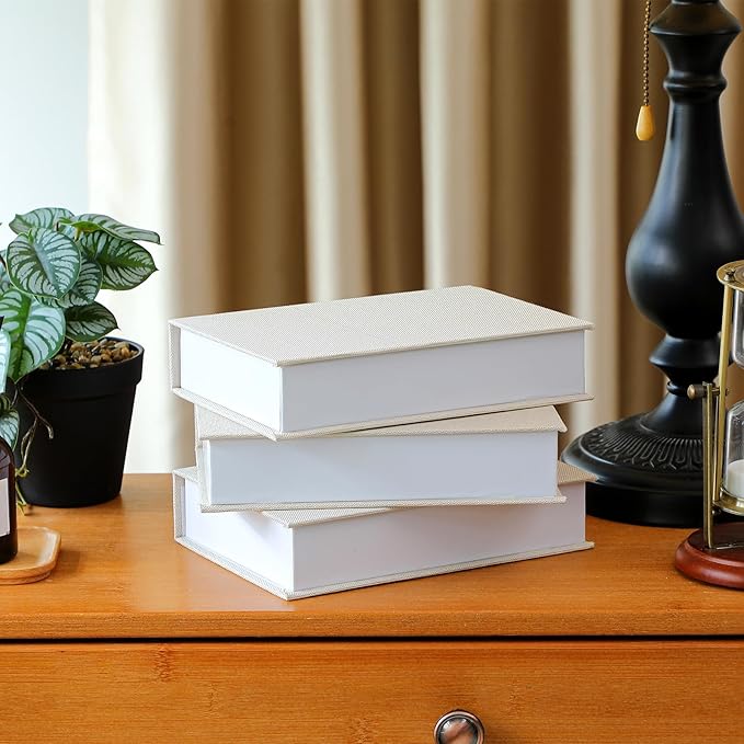 Tioncy 3 Pcs Decor Linen Faux Book Box Set Aesthetic DIY Fake Linen Book Box for Decor Storage Cafe Table Bookshelf Gift Home Keepsake(8.6 x 6.1 x 1.8 Inch,Creamy White)
