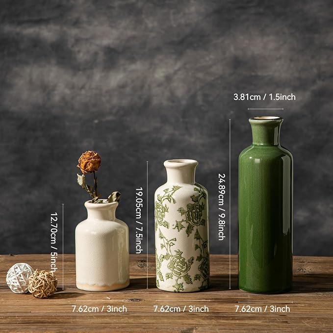 Rustic Ceramic Vase Set of 3, Flower Vases for Farmhouse Decor, Kitchen Living Room Table Centerpieces Decoration, Shelf, Mantel and Entrance Decorations-Multicolor.