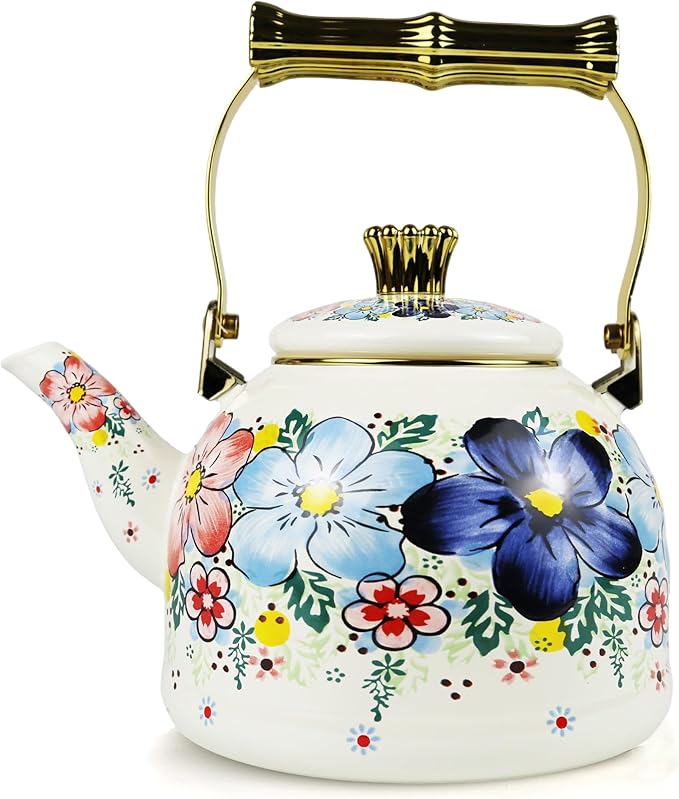 Floral Enamel Tea Kettle Bohemian Blue Flowers Stovetop Teapot 2.5L Coffee Hot Water Kettles with Gold Handle Vintage Kitchen Decor Christmas Gift