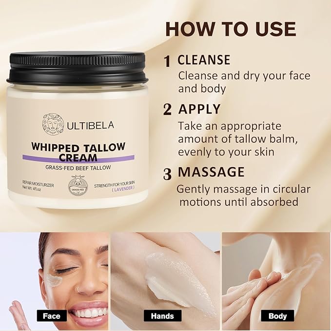 100% Grass-Fed Handmade Beef Tallow for Skin Care, Whipped Tallow and Honey Balm for Body ＆ Face Natural Body Cream for Dry & Sensitive Skin, 4OZ (Lavender)