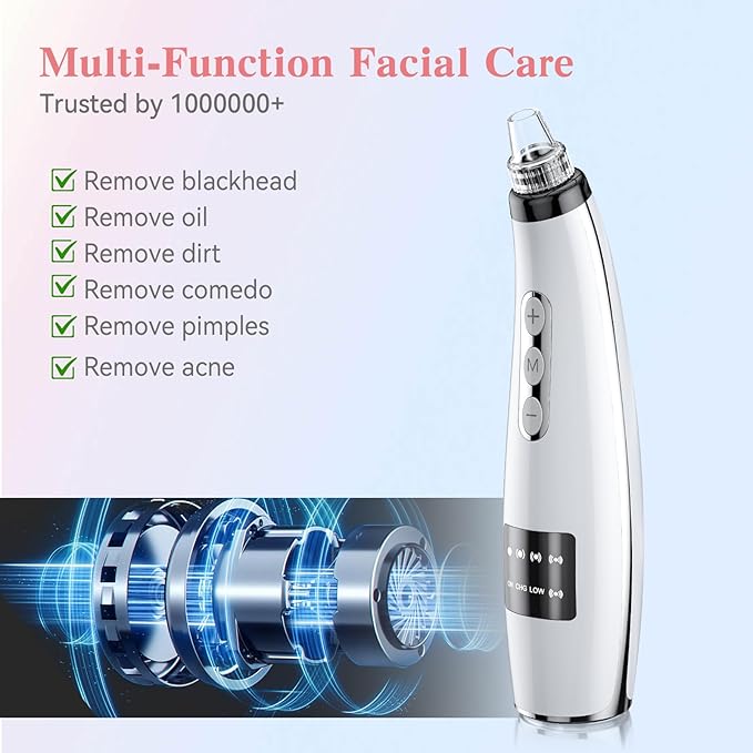 Blackhead Remover Pore Vacuum, Blackhead Vacuum, Facial Pore Cleaner with 5 Adjustable Suction Levels, 5 Probes, USB Rechargeable Pore Cleaner, Electric Comedone Whitehead Extractor Tools Kit