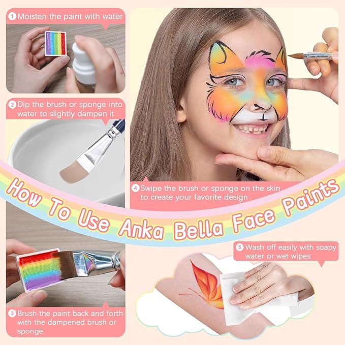 Anka Bella Professional face painting kit for kids，Hypoallergenic & Non-Toxic water based face paint include 26 split cake/1 rainbow cake,Gift for Birthday Parties/Halloween/Carnival