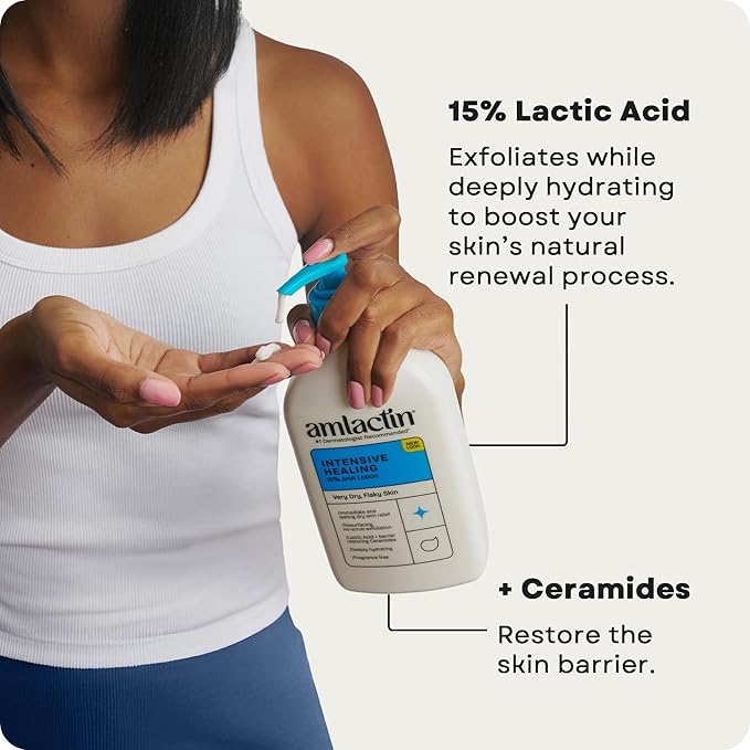 AmLactin Intensive Healing Body Lotion for Dry Skin - 14.1 oz and 7.9 oz Pump Bottles - 2-in-1 Exfoliator & Moisturizer with Ceramides & 15% Lactic Acid