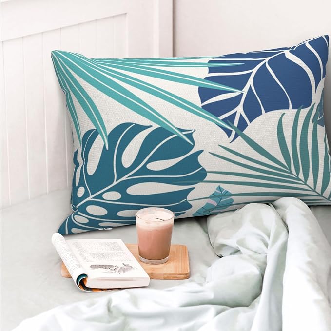 Tropical Pillow Covers 12x20 Set of 2 Navy Blue Aqua Teal Monstera Palm Leaf Pillowcase Summer Decorations Tropical Outdoor Throw Pillows Linen Decor Botanical Plant Cushion Case for Home Bed