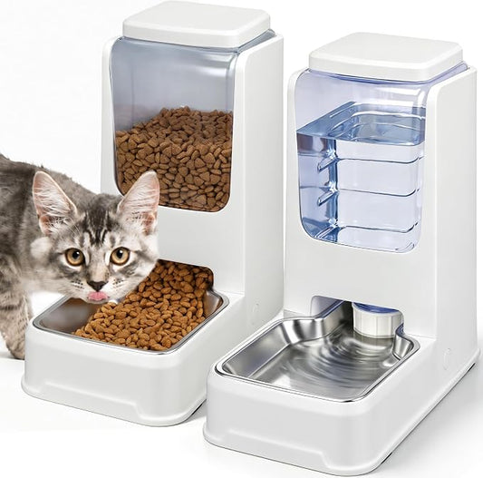 Automatic Cat Dog Feeder and Water Dispenser Set with Stainless Steel Bowl | Automatic Cat Feeder and Water Dispenser Set with Dog Stainless Steel Feed Bowl Pet Gravity Self Feeding and Waterer *2