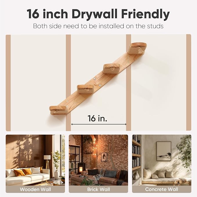 FUKUMARU Cat Climbing Shelf Wall Mounted, Large | Four Step Cat Stair, Natural Jute Scratching, Solid Rubber Wood, Kitten Shelves Furniture