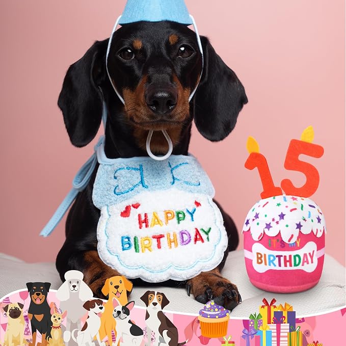 Dansydaisy Dog Birthday Cake Toy Squeaky Plush Gift,15th,Pink