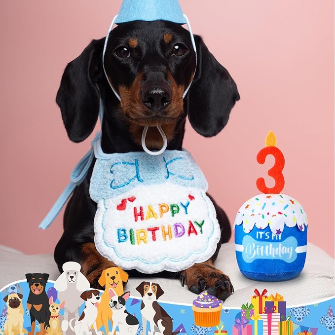 Dansydaisy Dog Birthday Cake Toy Squeaky Plush Gift,3rd,Blue