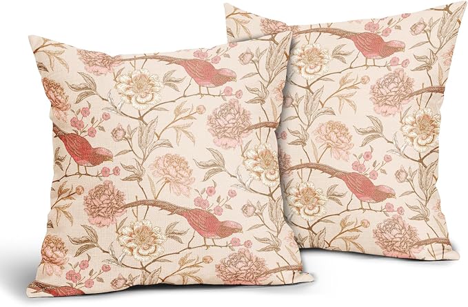 Pink White Roses Floral Pillow Covers 18X18 Inch Set of 2 Retro Flowers Birds Leaves Decorative Pillow Cases Art Vintage Cotton Linen Cushion Case Retro Home Decor for Sofa Couch Porch Outdoor