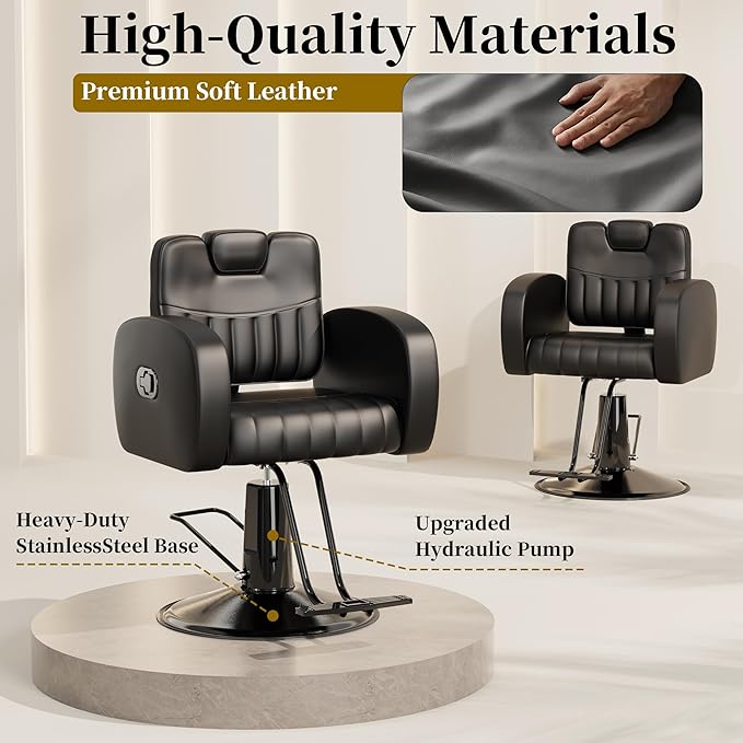 Baasha Ergonomic All Black Salon Chair with Comfortable Thickened Cushions, Heavy Duty Reclining Stylist Chair for Hair braiding, Extensions, Tattooing, Weight Capacity 440 lbs