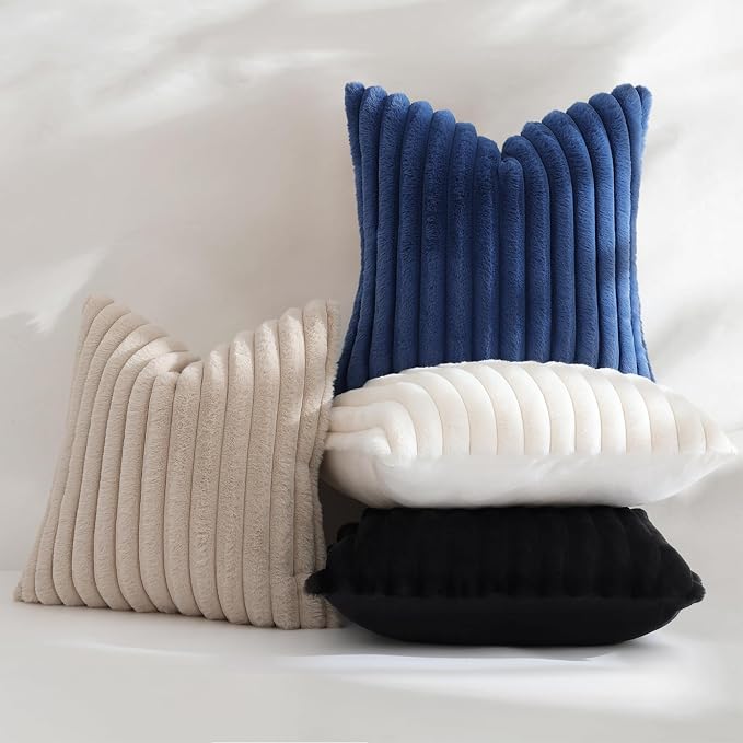 decorUhome Fall Faux Fur Throw Pillow Covers 18x18 Set of 2 Beige | Decorative Soft Cozy Striped Plush Modern Farmhouse Boho Couch Pillow Cases Velvet Back for Sofa Bed Living Room Home Decor