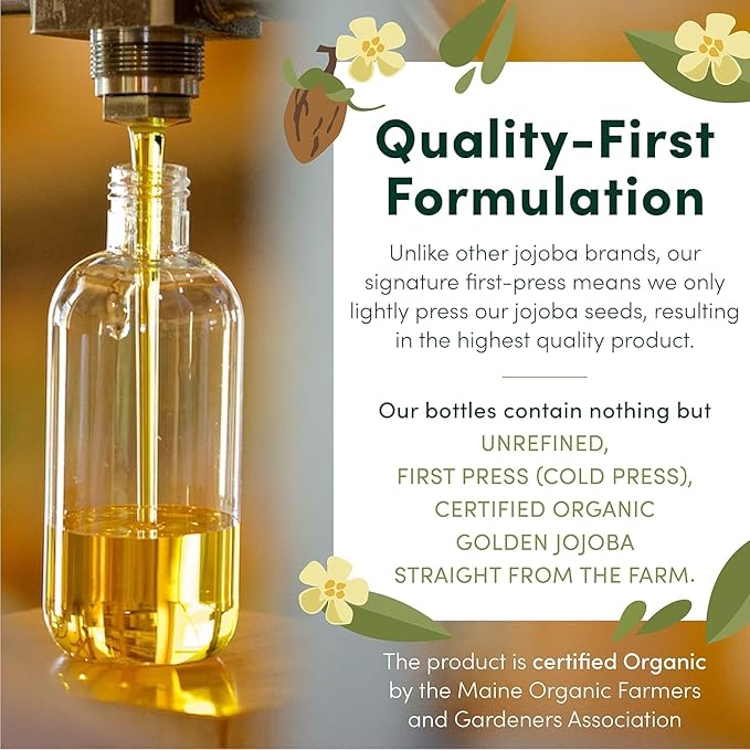HobaCare Organic Jojoba Oil for Hair, Skincare, Face, Body, Scalp, Nails, Beard Care, Skin Massage - Unrefined Carrier Oil - 100% Pure, Hexane Free, Moisturizing (16 oz)
