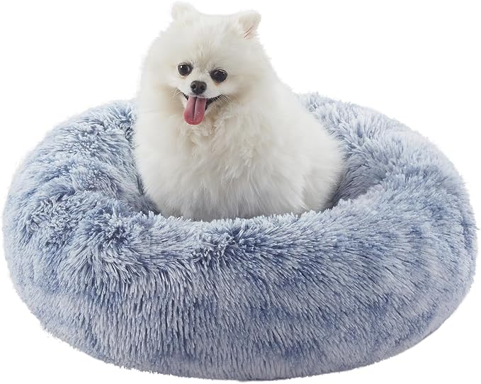 23 inches Faux Fur Fluffy Donut Dog Bed for Small Dogs,Dark Blue | Calming Plush Round Puppy Pet Bed with Removable & Washable Cover,Fits up to 25 lbs Pets