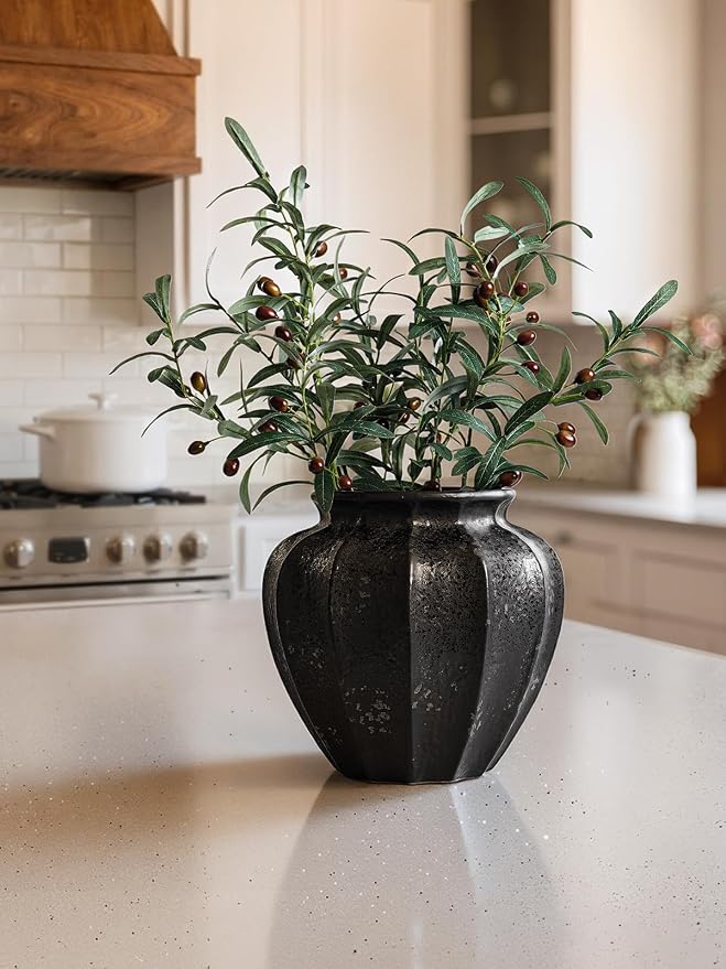LE TAUCI 11" Ceramic Vase, Artisan Large Black Ceramic Vase for Modern Home Decor, Substantial & Stable, Handcrafted Flower Vase, Living Room & Dining Room Table Centerpiece, Distressed Iron Black