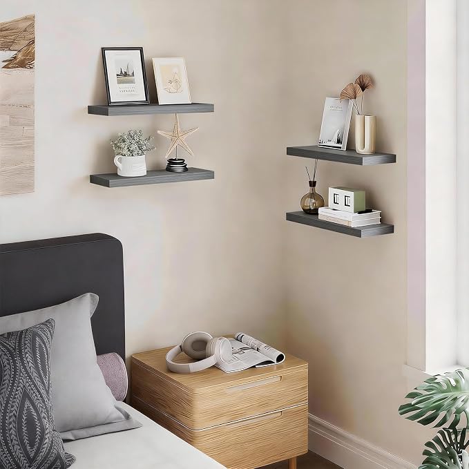 BAYKA Grey Floating Shelves 15.7in, Set of 3, Wall Mount Rustic Wood Shelf | 22lbs Max Load, Hidden Bracket, for Bathroom Bedroom Kitchen Display Storage Decor, Easy Install, Multi-Wall Compatible