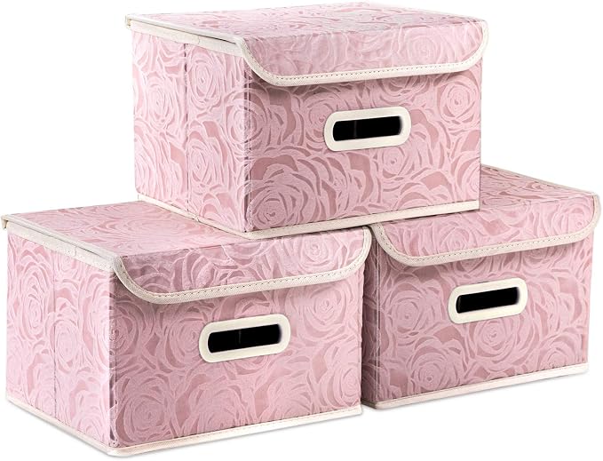 Collapsible Storage Boxes with Lids Fabric Decorative Storage Bins Cubes Organizer Containers Baskets with Cover Handles Divider for Bedroom Closet Living Room 9.8x7.9x6.7 Inch 3 Pack