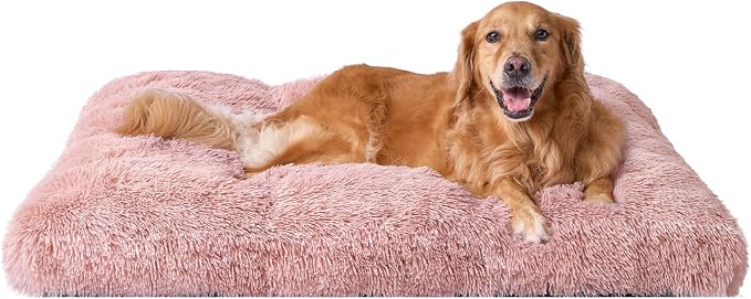 EHEYCIGA Fluffy Dog Crate Bed, Plush Extra Large Dog Pillow, Pink | Xlarge Calming Anti Anxiety Plush Faux Fur Mat for Large size dogs, Washable Soft Warm Dog Pad with Non-Slip Bottom