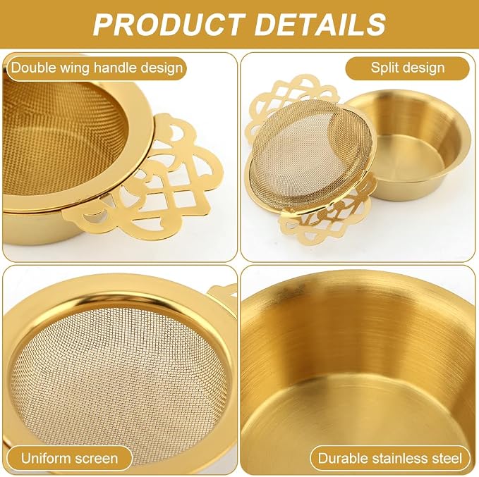 4 Pack Tea Strainer Bowl,Stainless Steel Tea Strainer Bowl, Fine Mesh Fil-ter with Drip Bowl & Winged Handles for Loose Tea/Coffee, Fits 2.5-4 Inch Cup Mouth(COLOR:Glod)