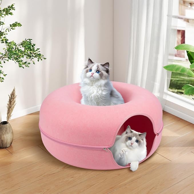 Cat Caves for Indoor Cats, Large Cat Tunnel for Multiple & Large Cats, Scratch Detachable Cave Bed, Kitten Donut Kitty Hideaway Up to 45 Lbs (Pink, Large, 2 Pack)