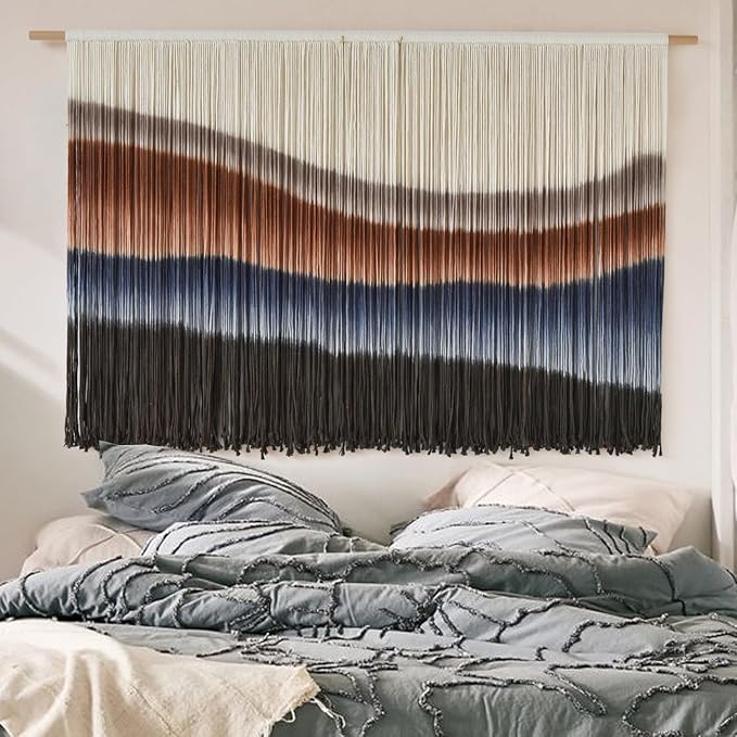 Macrame Wall Hanging Tie-Dye Bule Boho Wall Decor Yarn Fiber Art 57"W*35"L | Large Wall Hanging, Handmade Fiber Art, Dip Dyed Cotton, Boho Wall Decor, for Bedroom Decor Living Room Wall Accent