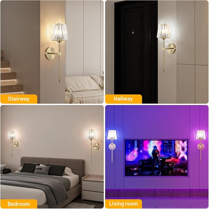 Crystal Battery Operated Wall Sconces Set of 2, Brass Rechargeable Wireless Wall Lights with Crystal Lampshade, 12 RGB and 3CCT Dimmable Wall Lamp with Remote for Bedroom Living Room Hallway