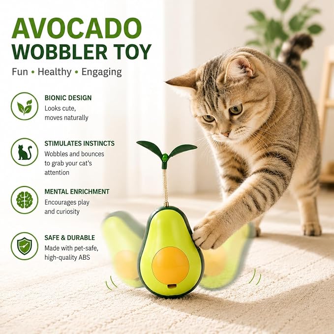 Avocado Multifunctional Cat Toy – 4-in-1 Wobble Toy, Treat Dispenser, Catnip-Ready & Teaser Wand