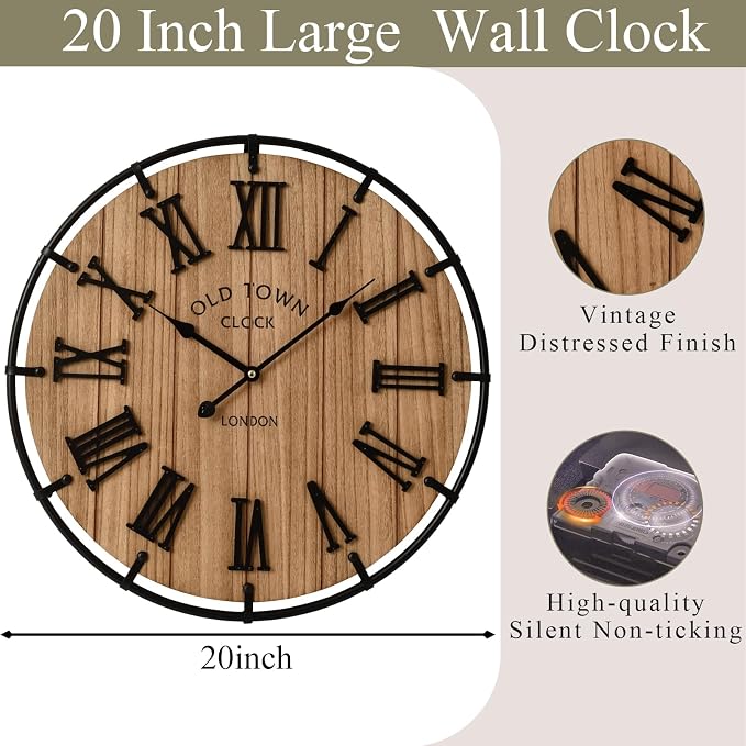 EMAX HOME Inch Modern Farmhouse Wall Clock, Warm Wood-Tone Dial with Black Metal Outer Ring, Silent Non-Ticking Quartz Mechanism, Raised Roman Numerals for Bedroom, Nursery, or Living Room Wall Art