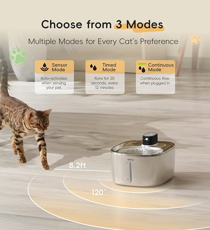 Cat Water Fountain Stainless Steel, 138fl.oz / 4.1L Cordless Cat Fountain | Wireless Pet Fountain; 4000mAh Battery; Indoor; Triple Water Modes; 25 dB Ultra-Quiet