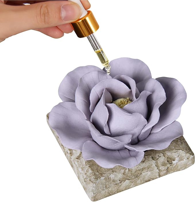 Ceramic Passive Essential Oil Diffuser, Aesthetic Desktop Handmade Flower & Concrete Base, Porcelain Aromatherapy Oils Diffuser for Home, Office, Yoga, Spa Room (Purple Peony)