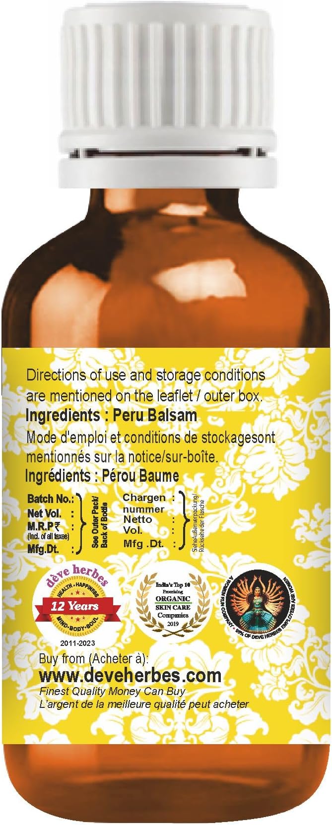 dève herbes Peru Balsam Essential Oil (Myroxylon pereirae) Pure | Viscous Texture | Rich Aroma | Unisex | All Skin Types | for External Use Only | Natural Extract | Steam Distilled 30ml (1 oz)