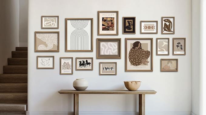 ANERZA 16 PCS Framed Boho Eclectic Wall Art Decor, Abstract Wall Collage Kit Prints for Bedroom Bathroom, Gallery Wall Frame Set, Minimalist Posters for Living Room Aesthetic, Beige and Brown Dorm Artwork