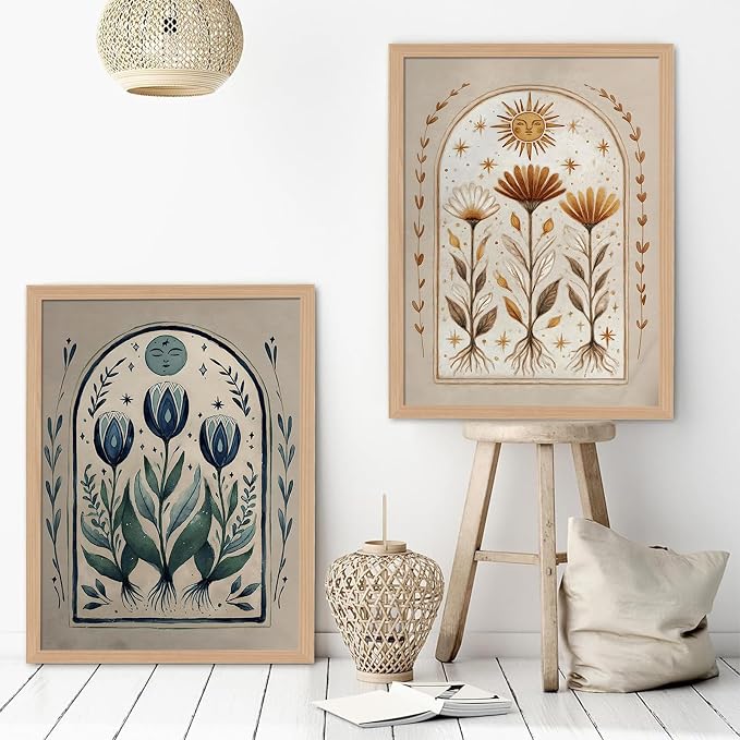 skysoon Boho Moon and Sun Wall Art Set of 2, Floral Botanical Prints | Earthy Tone Botanical Painting, Cottagecore Framed Picture Wall Decor for Living Room Bedroom Office 12x16 Inch