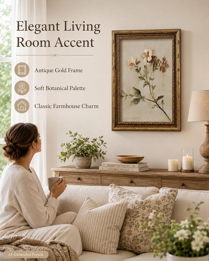 Wildflower Wall Art, Vintage Gold Framed Botanical Canvas, 12 x 16 in | Rustic farmhouse floral print for living room, bedroom, kitchen, hallway, cottagecore or country home decor.