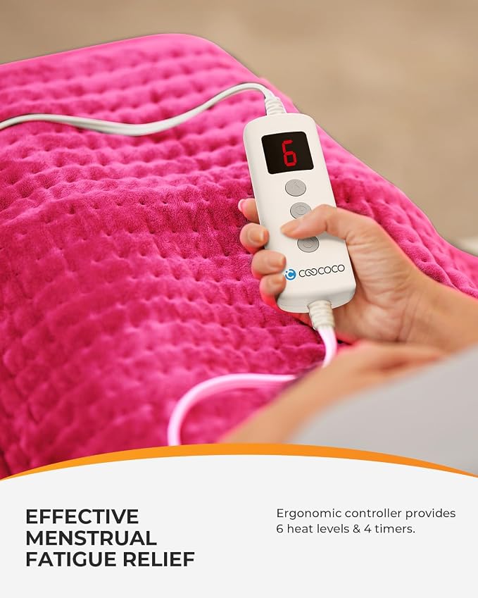 CooCoCo Pink Heating Pad for Period Cramps, 18" x 33" Large Heating Pad for Back, FSA Eligible Cute Heated Pad, 6 Heat Settings, Auto Off, Moist Heat, Heat Pad for Women Mom Wife Teens