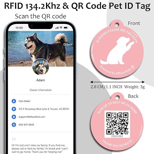 RFID 134.2Khz & QR Code Pet ID Tag, Collar Tag, Dual Function - Scan QR for Helping Lost Pets Go Home, Replace RFID Microchip for Smart Auto Pet Door and Feeder (Pink-Dog)