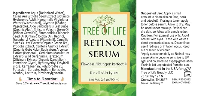 Tree of Life Beauty Retinol Serum, Skin Smoothing Face Oil for Dark and Age Spots and Fine Lines, Facial Serums for Dry and Sensitive Skin Care with Hyaluronic Acid for Soft Smooth Skin, 2 Fl Oz