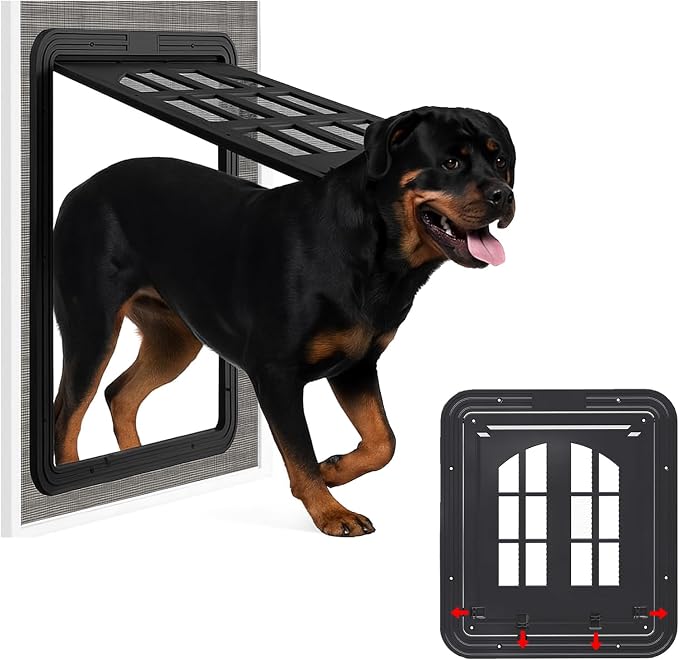 Large Dog Screen Door, 13 x 17 inches, Doggie Door for Screen Door, Magnetic Self-Closing Dog Cat Door with 4-Way Entry, Black (Large)